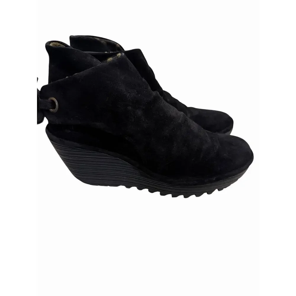 $180 New FLY London Women’s US‎ 7.5 EU 38 Yebi Wedge Boot Shoe Black Leather Y2K